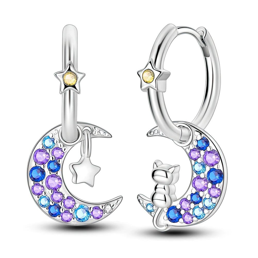 Cat Moon Pendant Hoop Earrings Multi-Colored CZ Stones‎ S925 Sterling Sil…